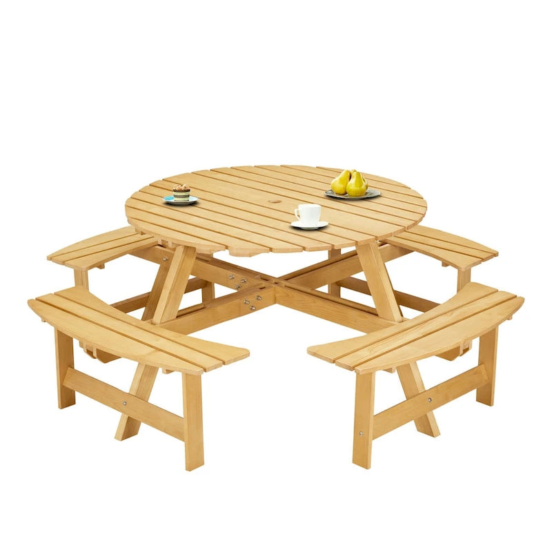 Table de pique-nique ronde d'extérieur pour 8 personnes avec 4 bancs doubles