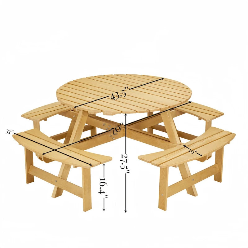 Table de pique-nique ronde d'extérieur pour 8 personnes avec 4 bancs doubles