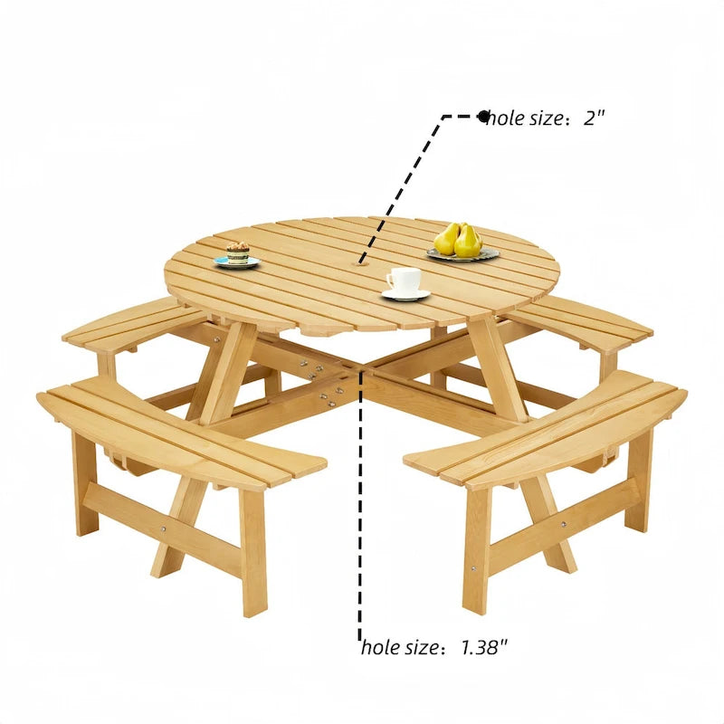Table de pique-nique ronde d'extérieur pour 8 personnes avec 4 bancs doubles