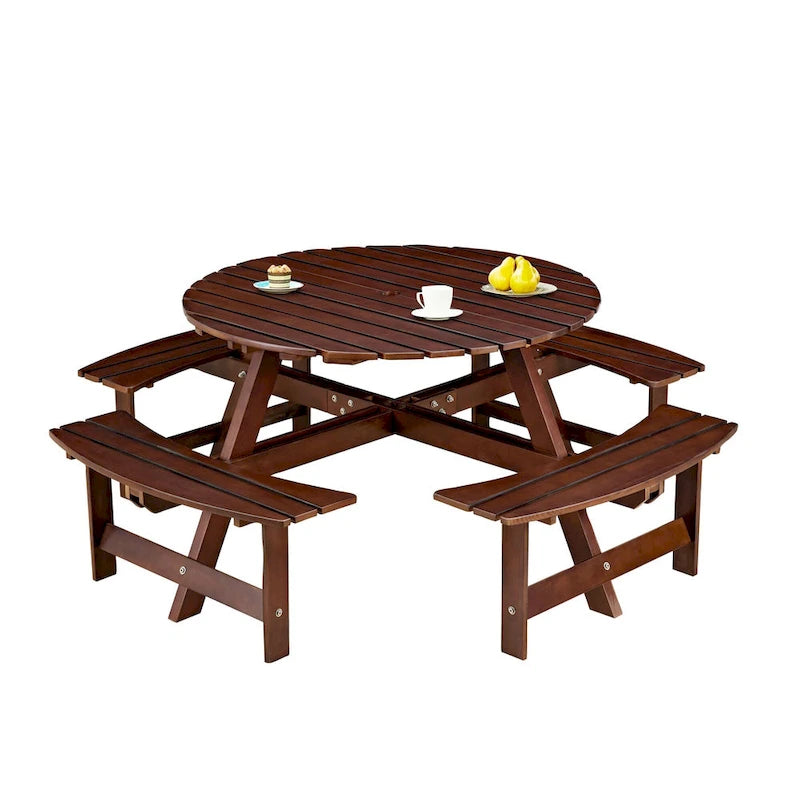 Table de pique-nique ronde d'extérieur pour 8 personnes avec 4 bancs doubles