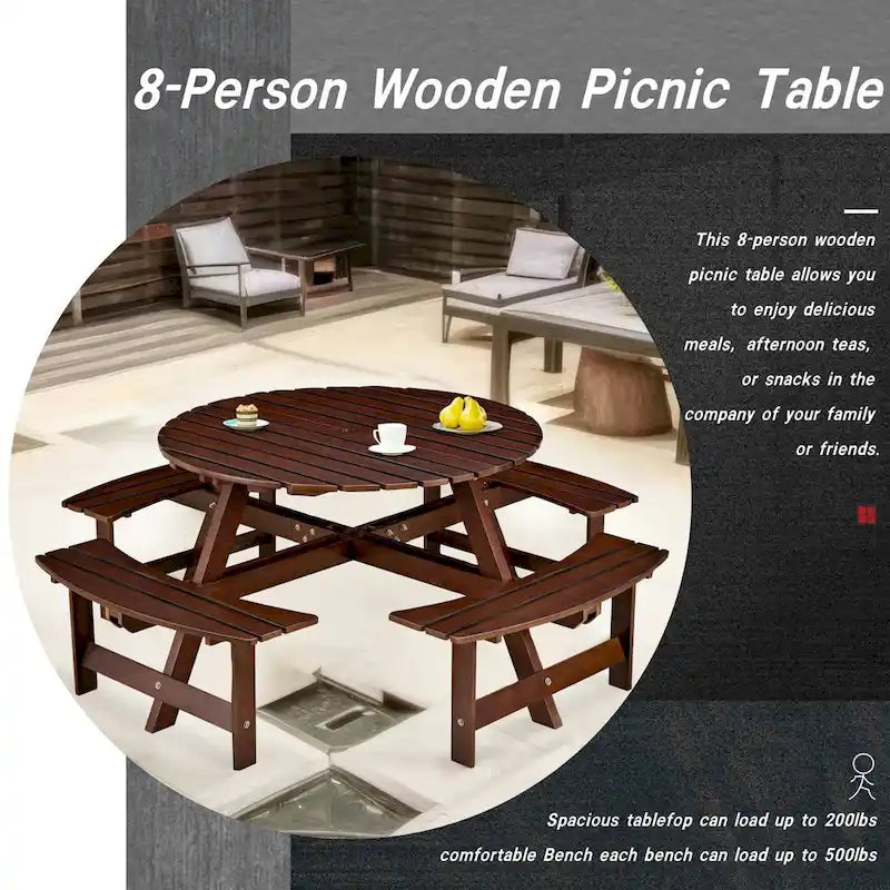 Table de pique-nique ronde d'extérieur pour 8 personnes avec 4 bancs doubles
