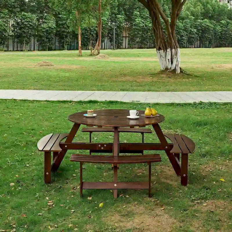Table de pique-nique ronde d'extérieur pour 8 personnes avec 4 bancs doubles