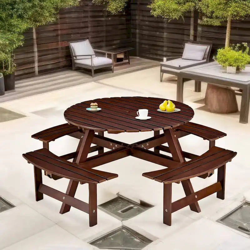 Table de pique-nique ronde d'extérieur pour 8 personnes avec 4 bancs doubles