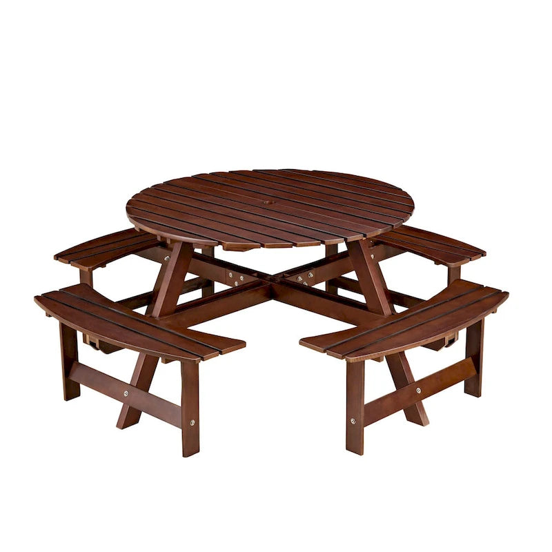 Table de pique-nique ronde d'extérieur pour 8 personnes avec 4 bancs doubles