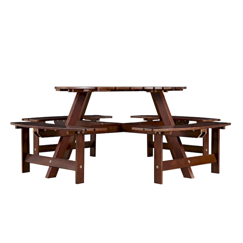 Table de pique-nique ronde d'extérieur pour 8 personnes avec 4 bancs doubles