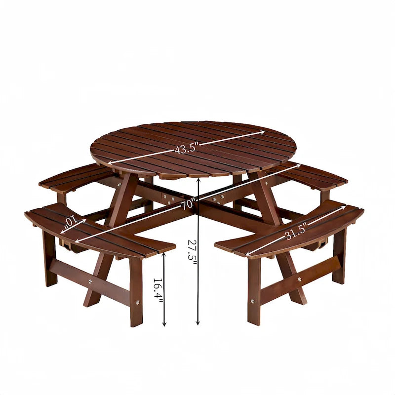 Table de pique-nique ronde d'extérieur pour 8 personnes avec 4 bancs doubles