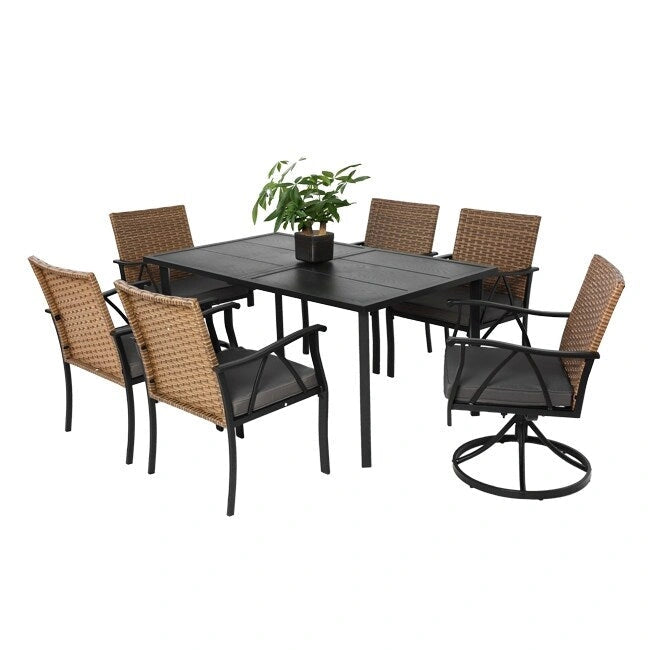 Ensemble de patio en osier 7 pièces - Comprend 2 fauteuils à bascule pivotants, 4 chaises (toutes avec coussins amovibles) et une table.