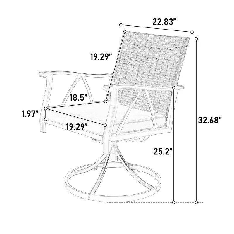 Ensemble de patio en osier 7 pièces - Comprend 2 fauteuils à bascule pivotants, 4 chaises (toutes avec coussins amovibles) et une table.