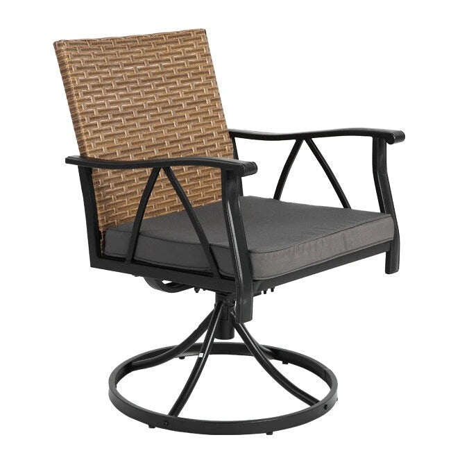 Ensemble de patio en osier 7 pièces - Comprend 2 fauteuils à bascule pivotants, 4 chaises (toutes avec coussins amovibles) et une table.