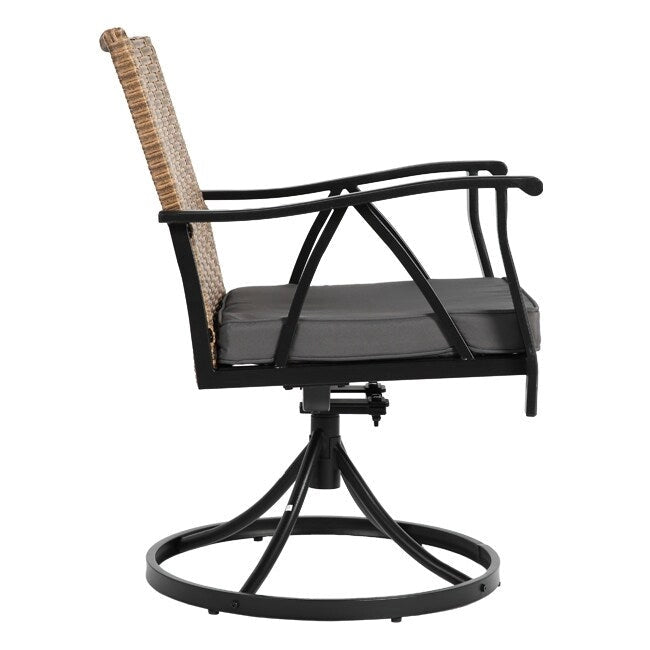 Ensemble de patio en osier 7 pièces - Comprend 2 fauteuils à bascule pivotants, 4 chaises (toutes avec coussins amovibles) et une table.