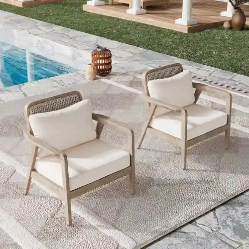 (LOT DE 2) Fauteuil club de jardin en bois d'acacia, mobilier de patio, coussin épais imperméable, assise profonde