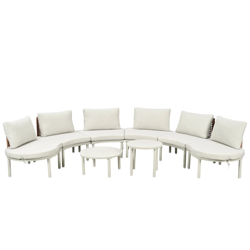 Élégant ensemble de canapé de patio modulaire demi-lune 8 pièces avec tables basses hautes et basses