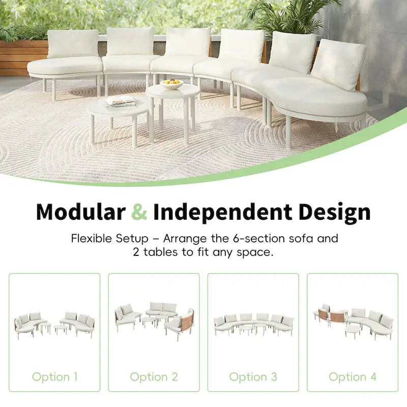 Élégant ensemble de canapé de patio modulaire demi-lune 8 pièces avec tables basses hautes et basses