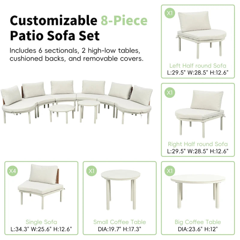 Élégant ensemble de canapé de patio modulaire demi-lune 8 pièces avec tables basses hautes et basses