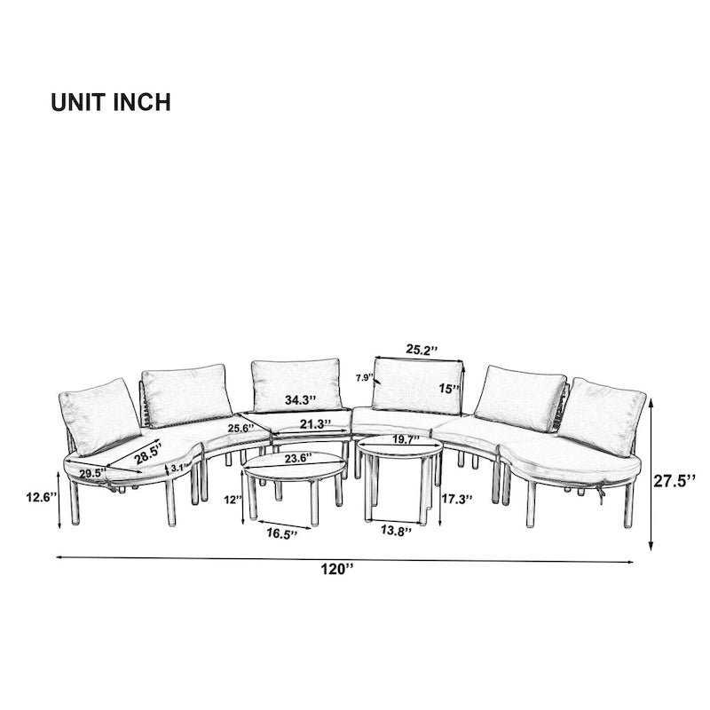 Élégant ensemble de canapé de patio modulaire demi-lune 8 pièces avec tables basses hautes et basses