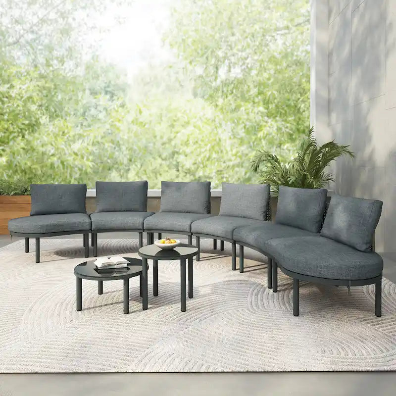 Élégant ensemble de canapé de patio modulaire demi-lune 8 pièces avec tables basses hautes et basses