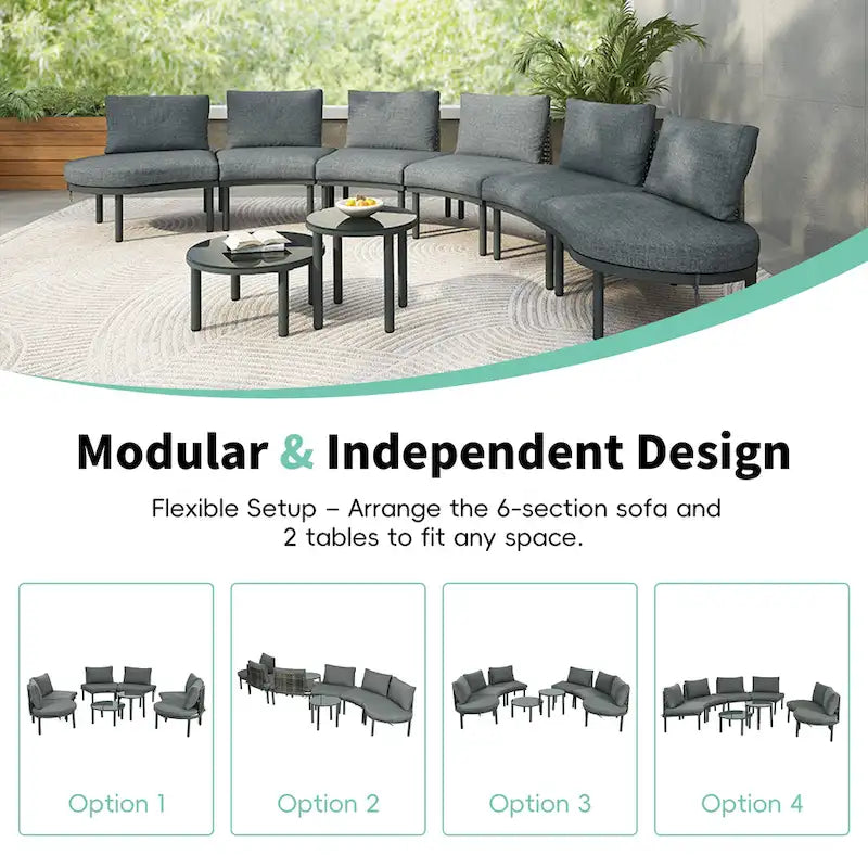 Élégant ensemble de canapé de patio modulaire demi-lune 8 pièces avec tables basses hautes et basses