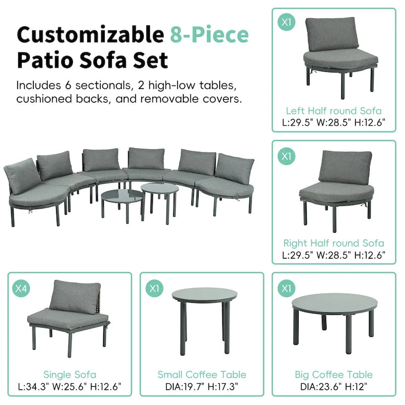 Élégant ensemble de canapé de patio modulaire demi-lune 8 pièces avec tables basses hautes et basses