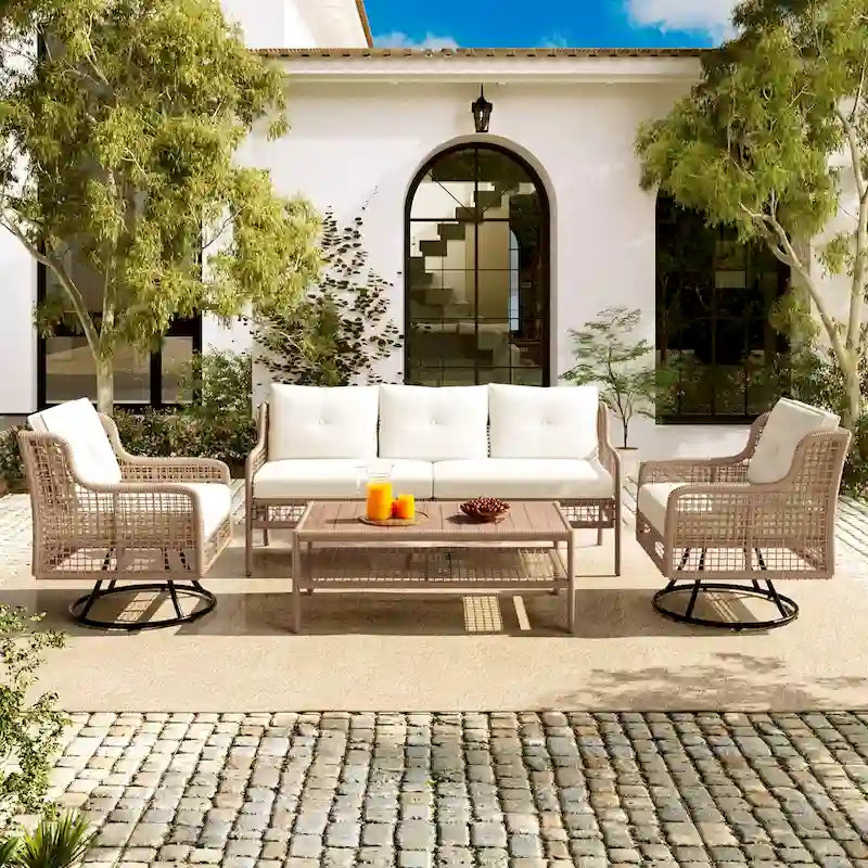 Ensemble de mobilier de patio 4 pièces en résine tressée de 72,1 pouces de large avec fauteuils pivotants