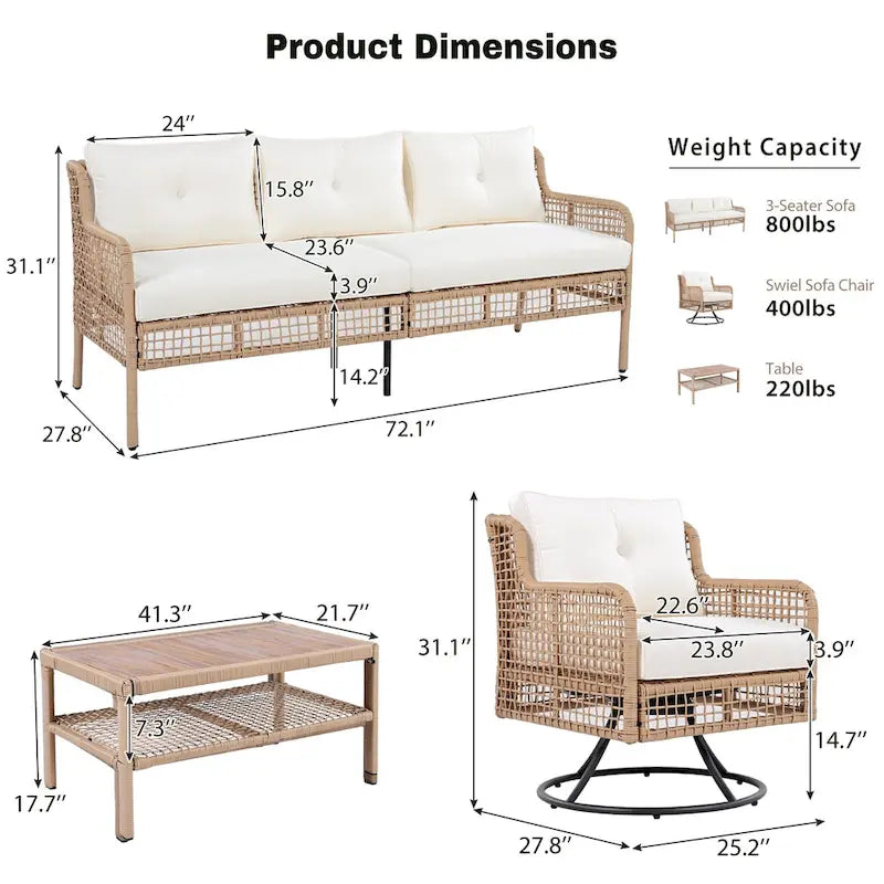 Ensemble de mobilier de patio 4 pièces en résine tressée de 72,1 pouces de large avec fauteuils pivotants