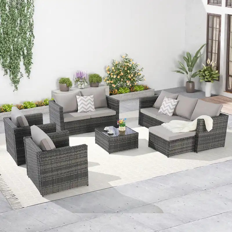 Ensemble de conversion en rotin 6 pièces avec table en verre
