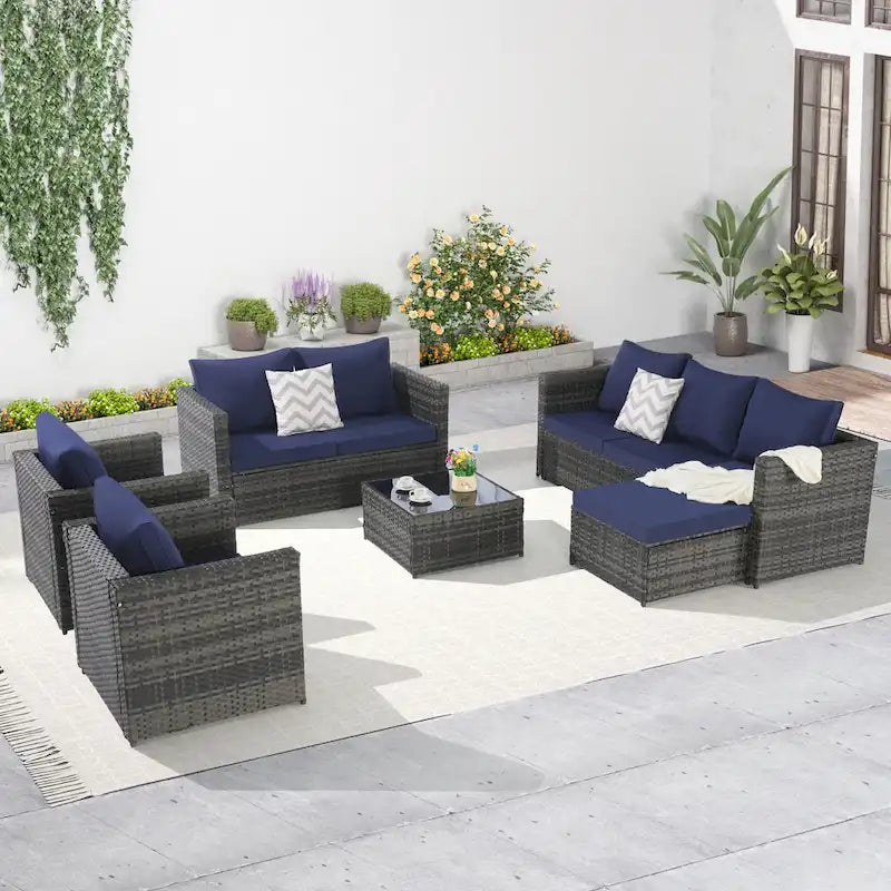 Ensemble de conversion en rotin 6 pièces avec table en verre