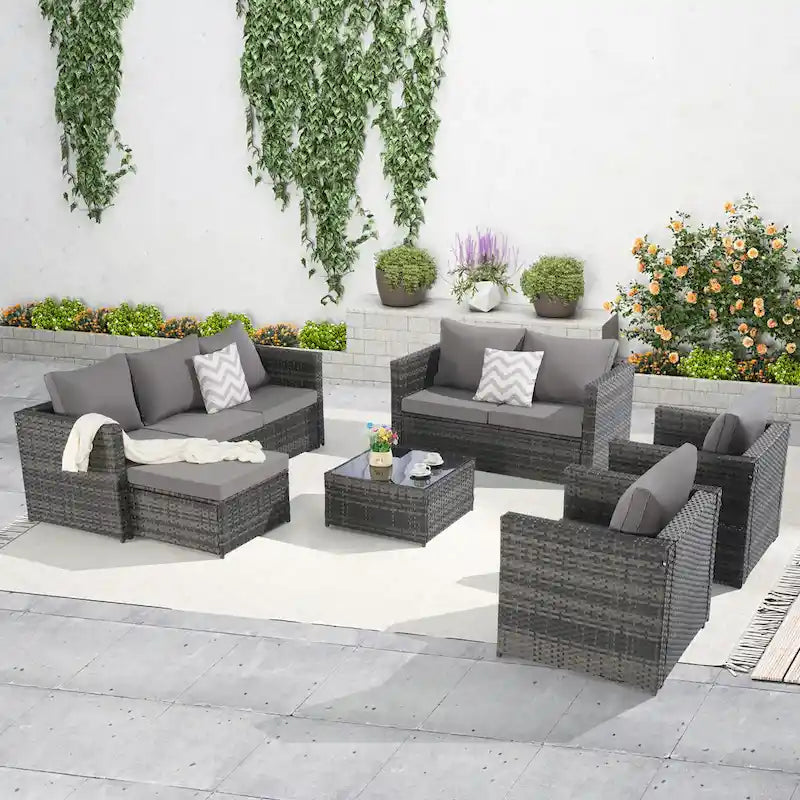 Ensemble de conversion en rotin 6 pièces avec table en verre