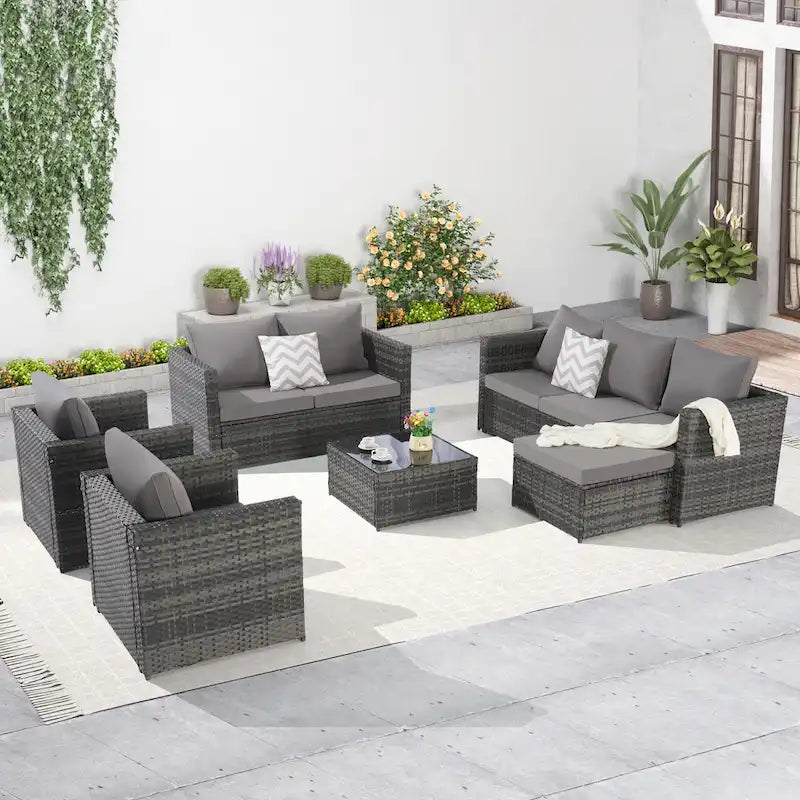 Ensemble de conversion en rotin 6 pièces avec table en verre