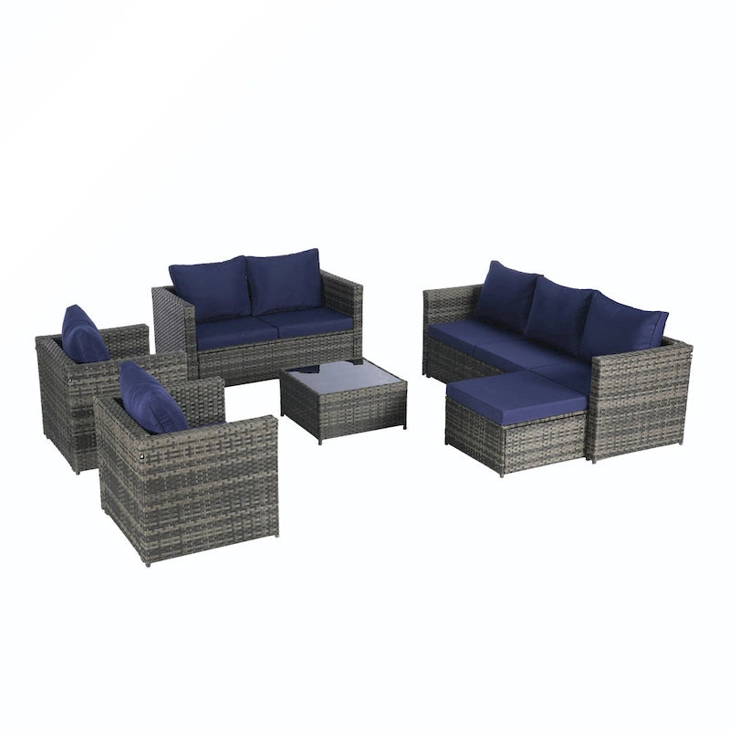 Ensemble de conversion en rotin 6 pièces avec table en verre
