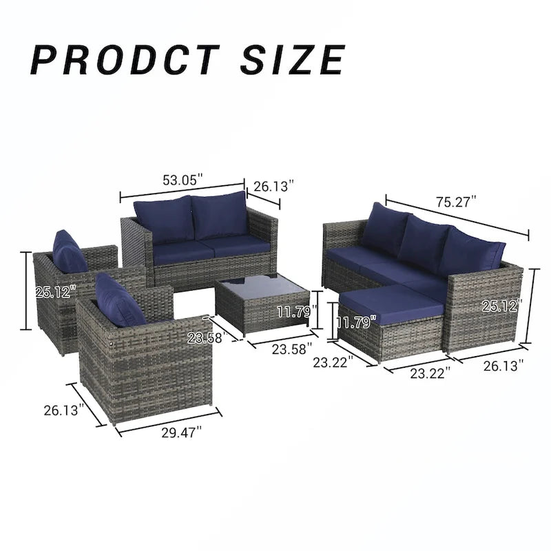 Ensemble de conversion en rotin 6 pièces avec table en verre