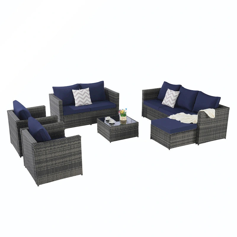 Ensemble de conversion en rotin 6 pièces avec table en verre