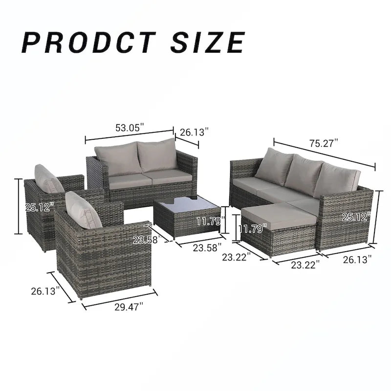 Ensemble de conversion en rotin 6 pièces avec table en verre