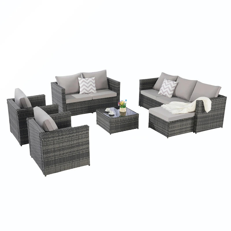 Ensemble de conversion en rotin 6 pièces avec table en verre