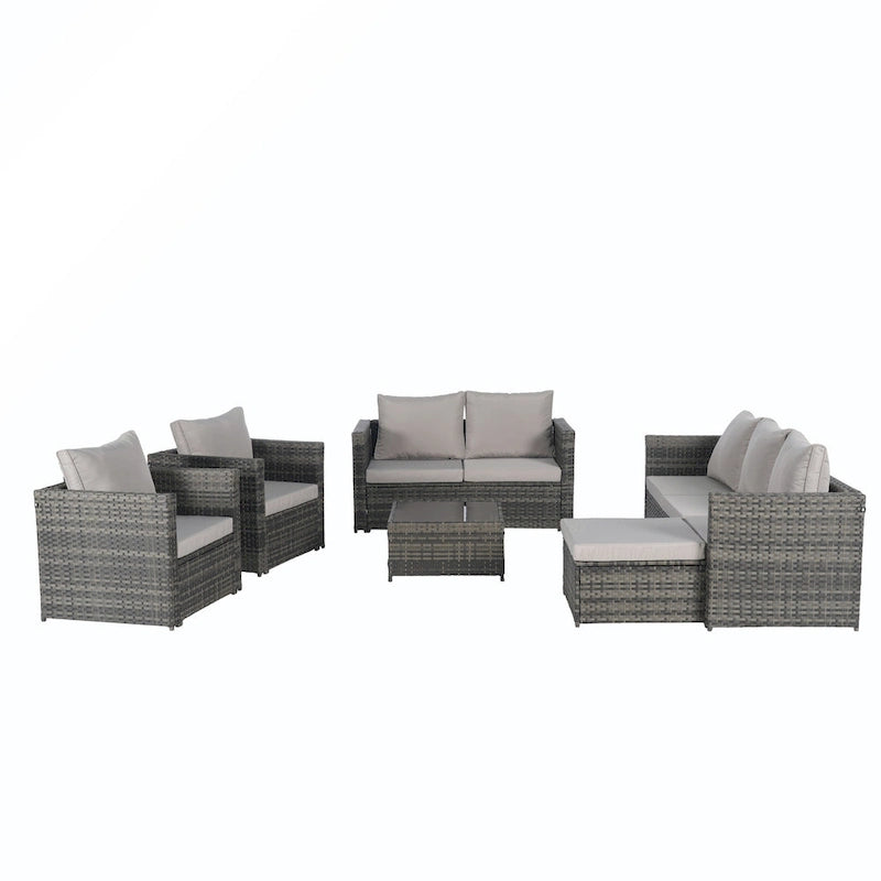 Ensemble de conversion en rotin 6 pièces avec table en verre