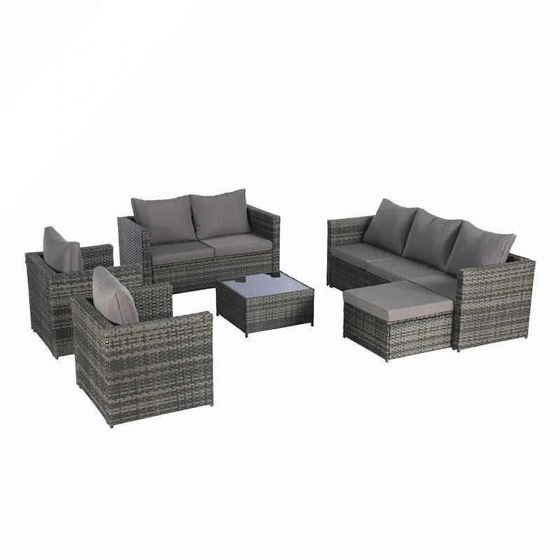 Ensemble de conversion en rotin 6 pièces avec table en verre