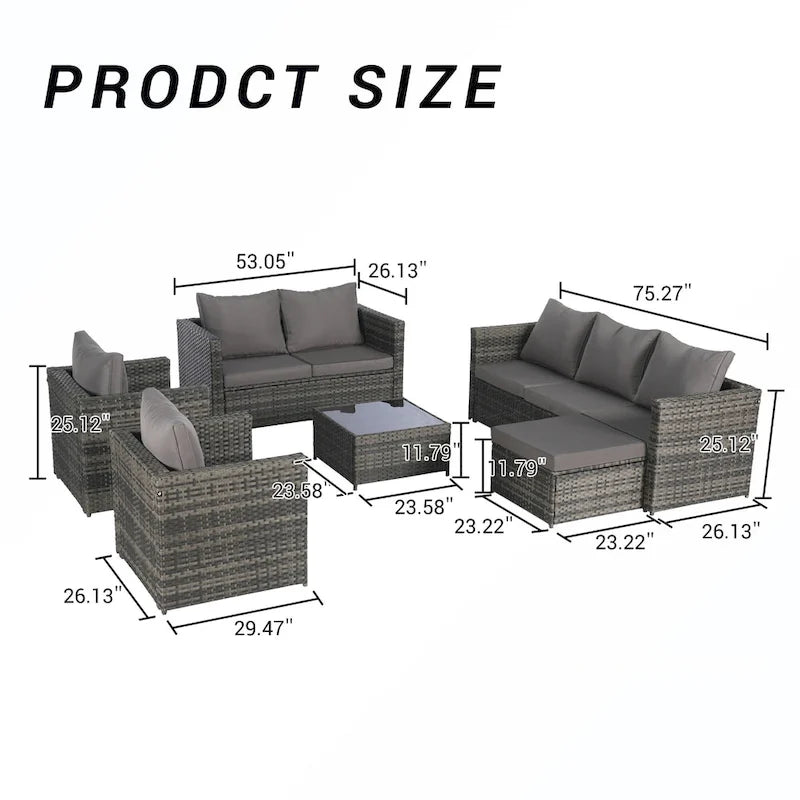Ensemble de conversion en rotin 6 pièces avec table en verre