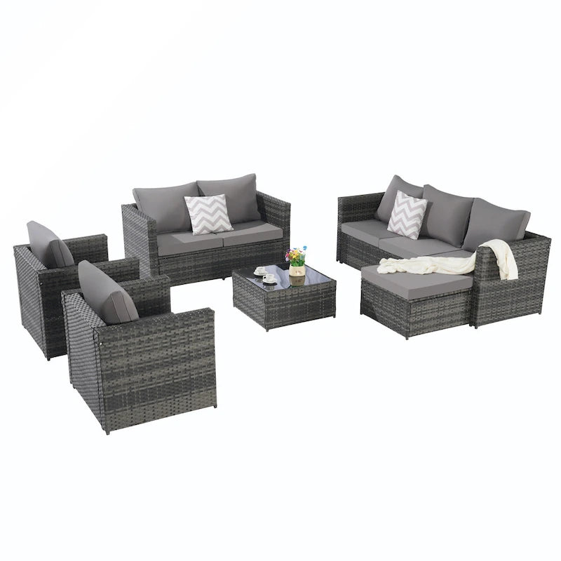 Ensemble de conversion en rotin 6 pièces avec table en verre