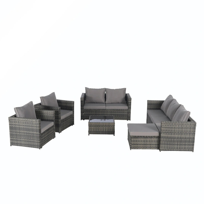Ensemble de conversion en rotin 6 pièces avec table en verre