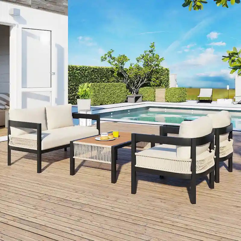 Ensemble canapé d'extérieur en fer pour plusieurs personnes avec table