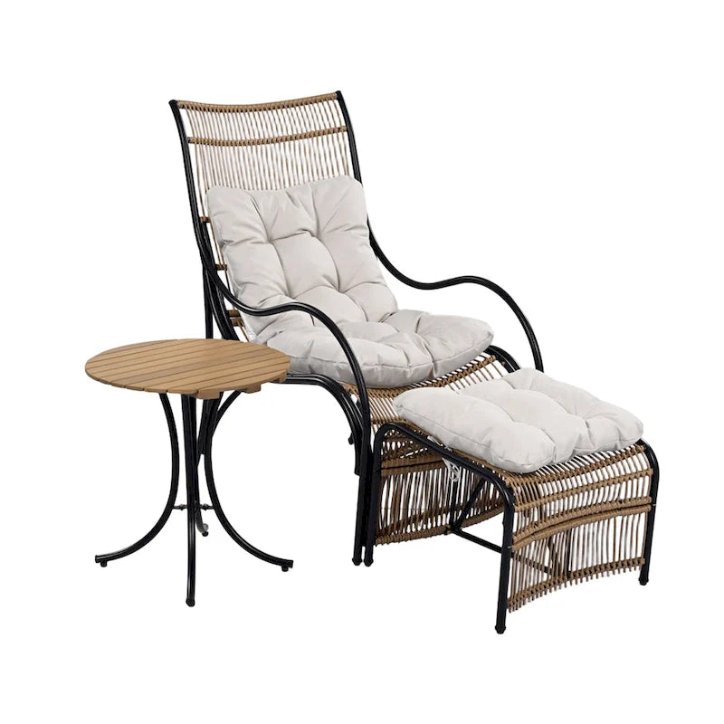Ensemble de mobilier de jardin Roomfitters 3 pièces en résine tressée avec fauteuil, pouf et coussins pour terrasse ou jardin.