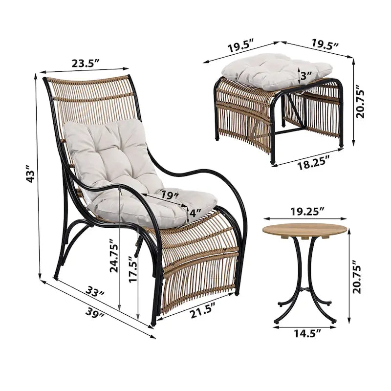Ensemble de mobilier de jardin Roomfitters 3 pièces en résine tressée avec fauteuil, pouf et coussins pour terrasse ou jardin.