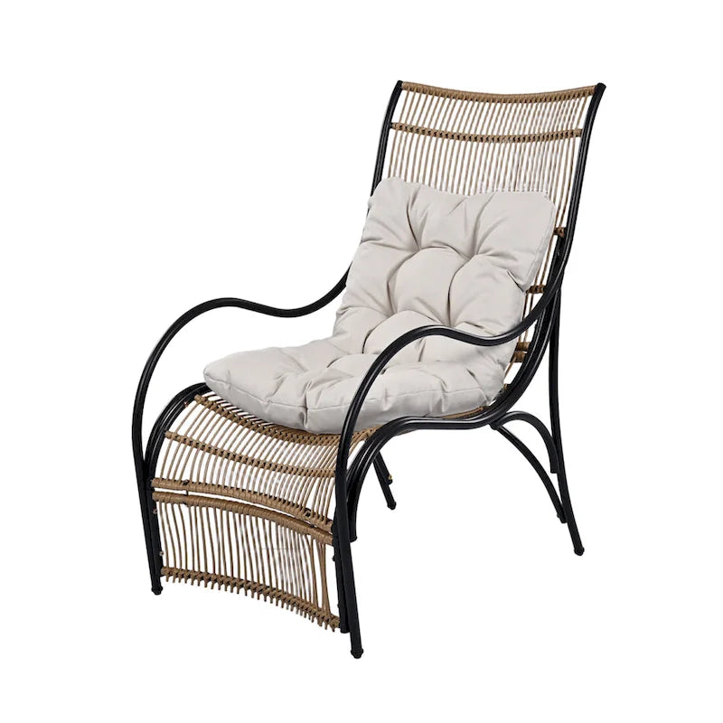 Ensemble de mobilier de jardin Roomfitters 3 pièces en résine tressée avec fauteuil, pouf et coussins pour terrasse ou jardin.