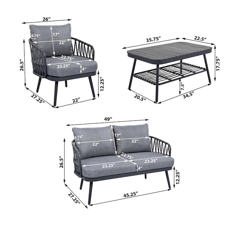 Ensemble de conversation extérieur Roomfitters 4 pièces avec dossier en corde tressée, coussins et chaises à structure métallique