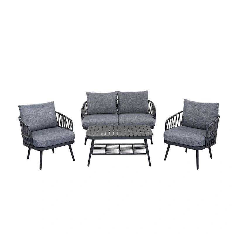 Ensemble de conversation extérieur Roomfitters 4 pièces avec dossier en corde tressée, coussins et chaises à structure métallique
