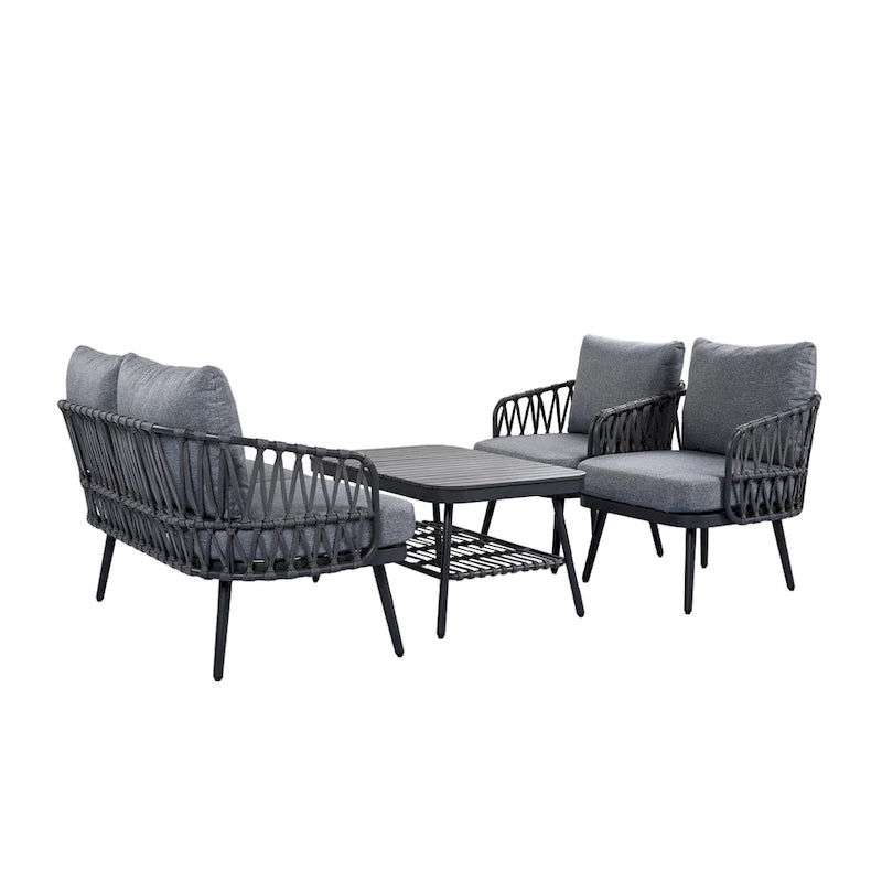 Ensemble de conversation extérieur Roomfitters 4 pièces avec dossier en corde tressée, coussins et chaises à structure métallique
