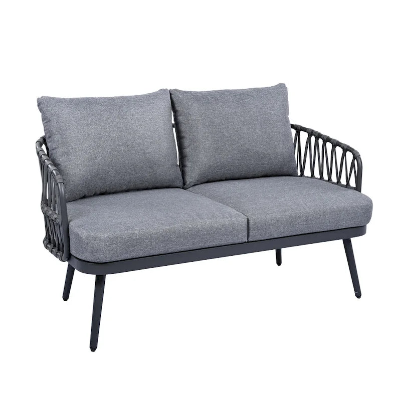 Ensemble de conversation extérieur Roomfitters 4 pièces avec dossier en corde tressée, coussins et chaises à structure métallique