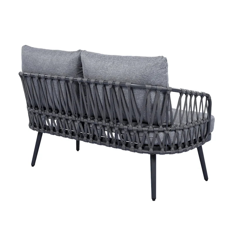 Ensemble de conversation extérieur Roomfitters 4 pièces avec dossier en corde tressée, coussins et chaises à structure métallique