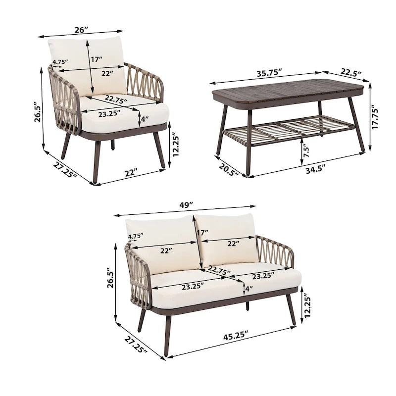 Ensemble de conversation extérieur Roomfitters 4 pièces avec dossier en corde tressée, coussins et chaises à structure métallique
