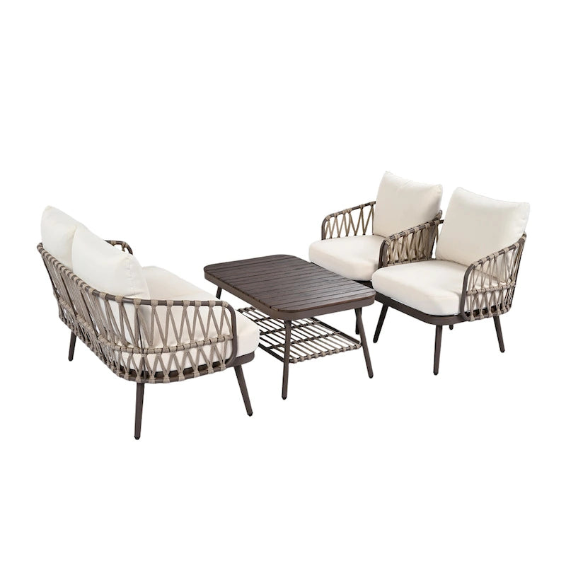 Ensemble de conversation extérieur Roomfitters 4 pièces avec dossier en corde tressée, coussins et chaises à structure métallique