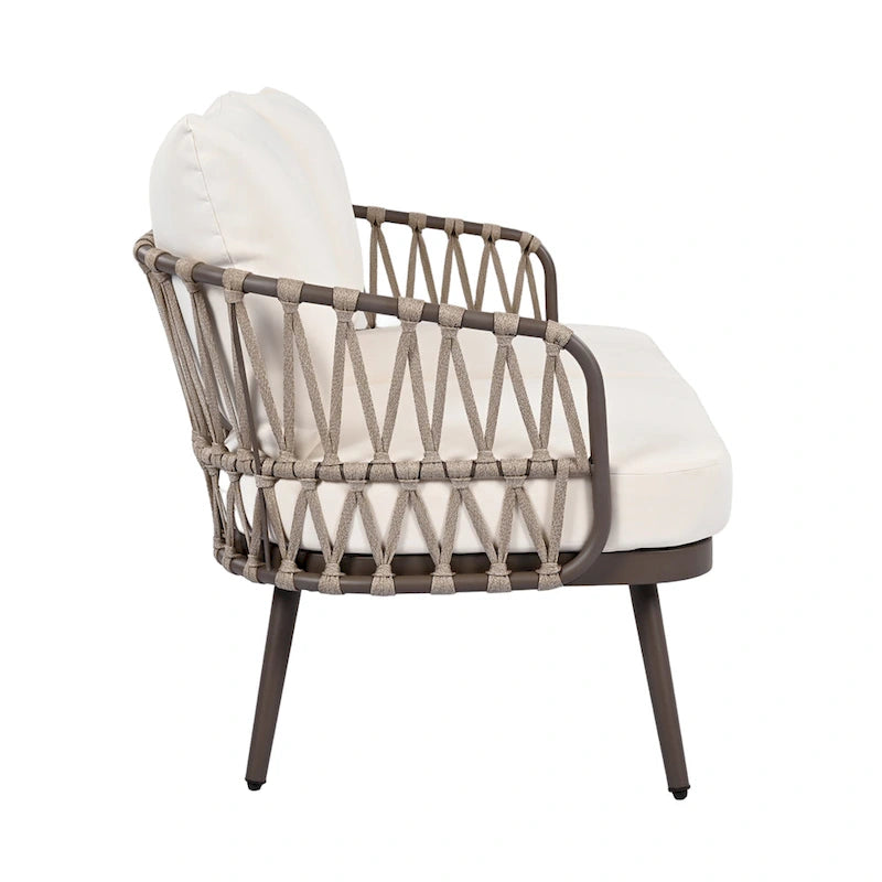 Ensemble de conversation extérieur Roomfitters 4 pièces avec dossier en corde tressée, coussins et chaises à structure métallique